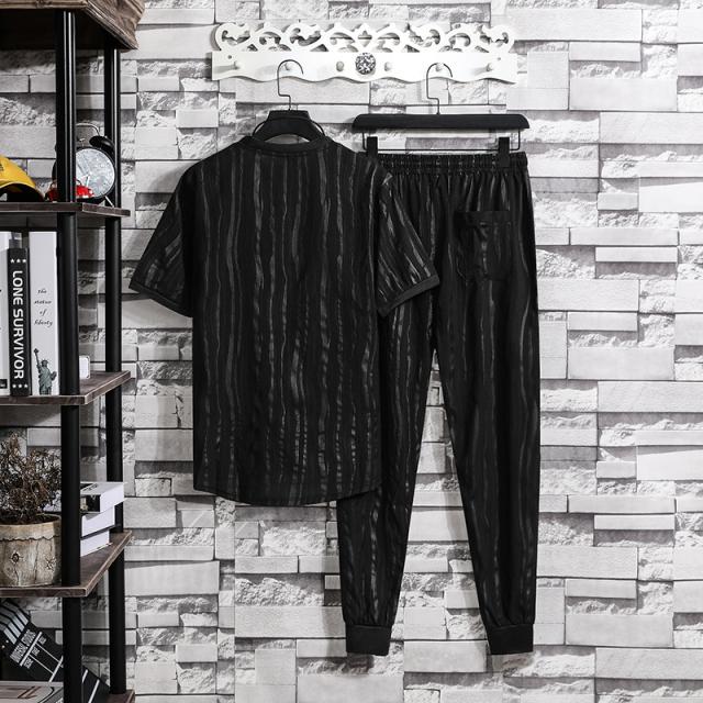 半袖セットアップ メンズ 夏 綿麻風 上下セット ストライプ柄 ジャージ